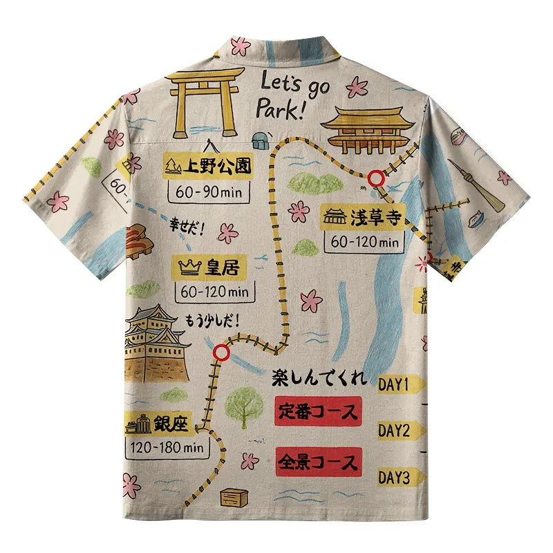 Kyoto-Lion Tokyo's Famous Attractions Roadmap Button-up Shirt