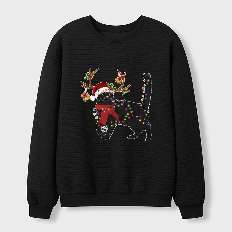 Kyoto-Lion Christmas Black Cat Waffle Sweatshirt
