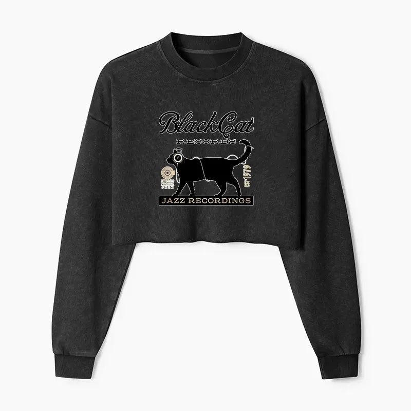 Japanese black cat crop sweatshirt for women
