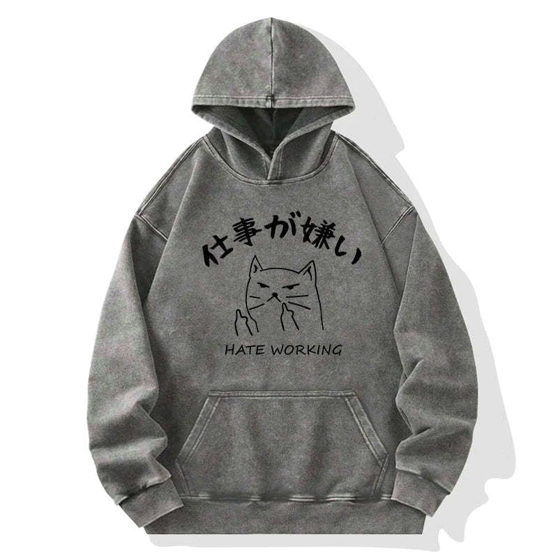 Cat That Hates Work Washed Hoodie