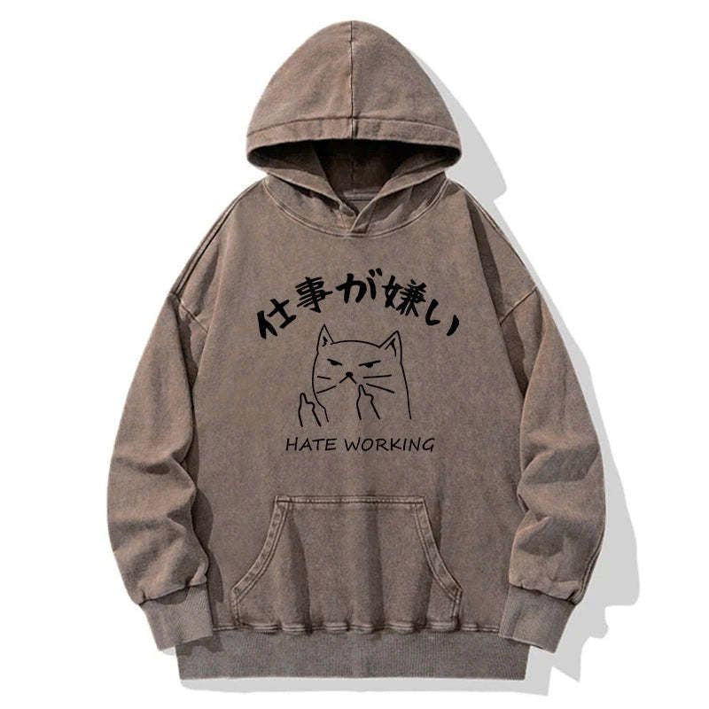 Cat That Hates Work Washed Hoodie