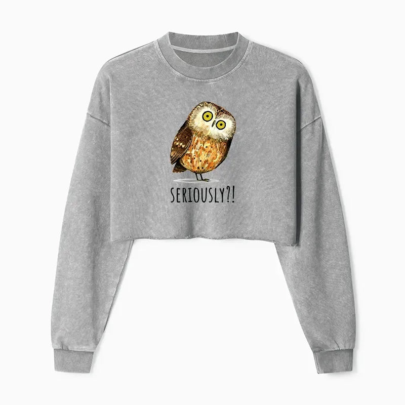 Kyoto-Lion Seriously Confused Owl Meme Art Washed Crop Sweatshirt