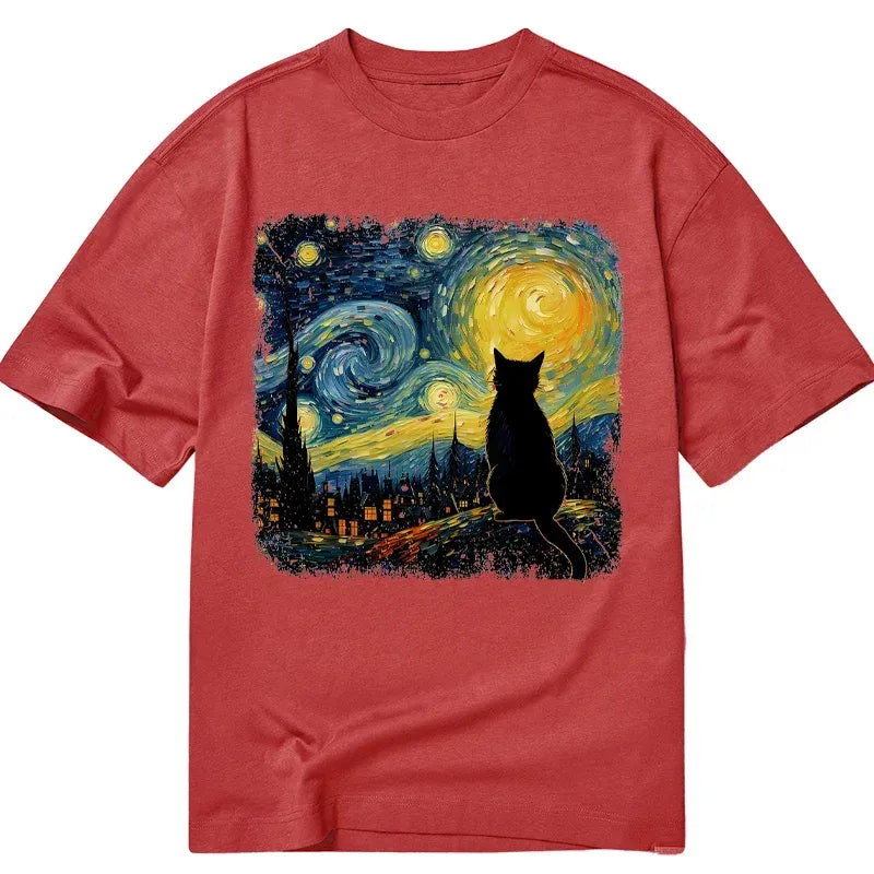 Starry Night Cat Tee for Summer Vacation