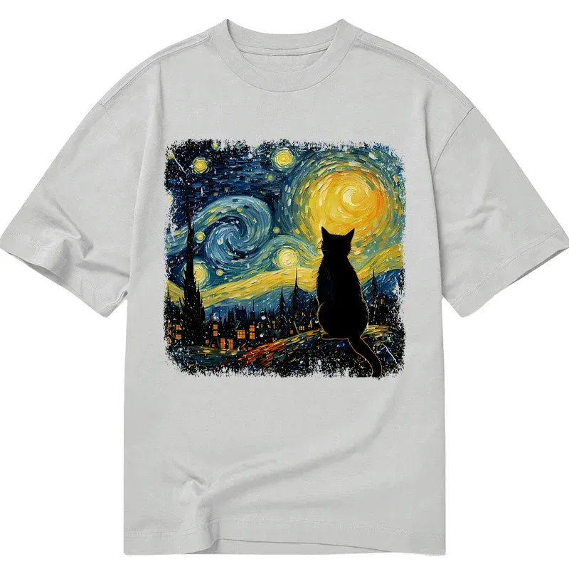 Starry Night Cat Tee for Summer Vacation