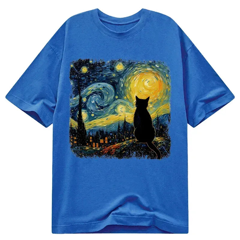 Starry Night Cat Tee for Summer Vacation
