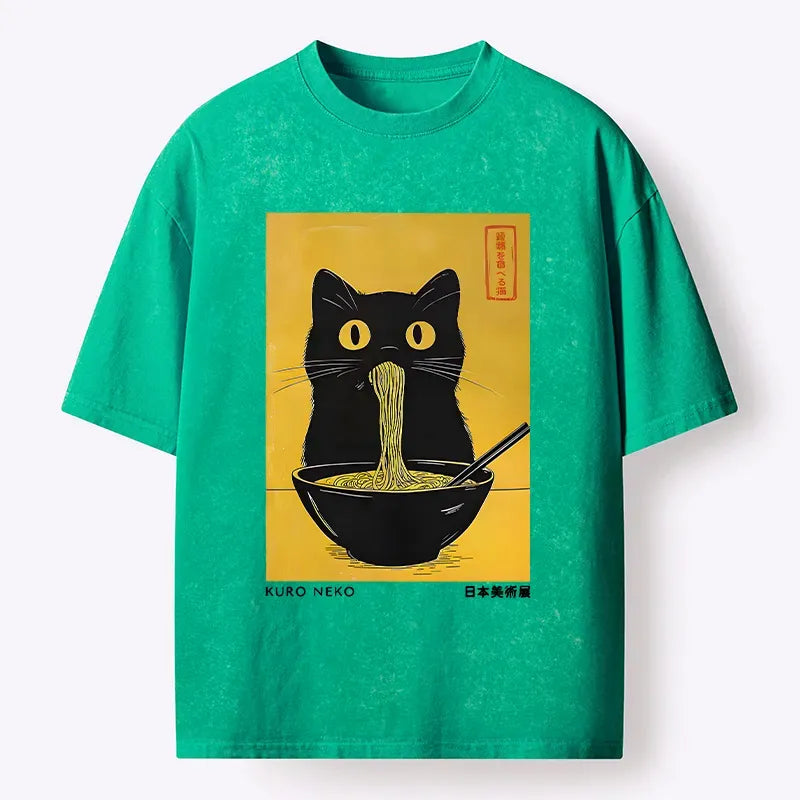 Washed Vintage Cat T-Shirt for Daily Wear