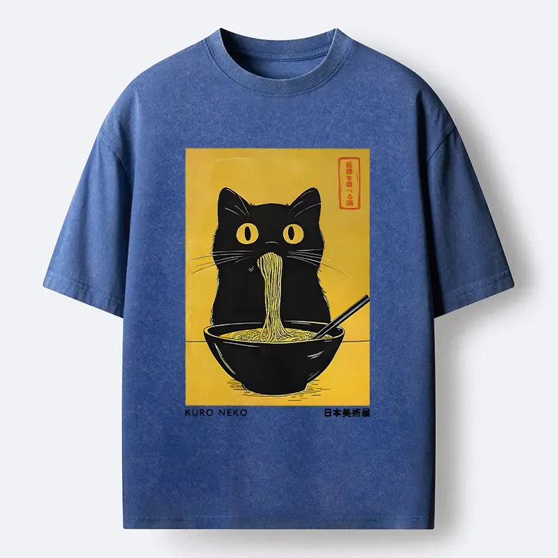 Kyoto-Lion Black Cat Eats Ramen In Big Bites Washed T-Shirt