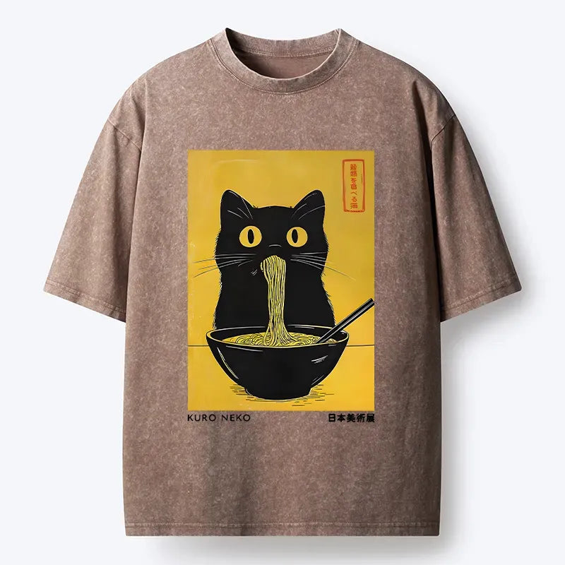 Kyoto-Lion Black Cat Eats Ramen In Big Bites Washed T-Shirt