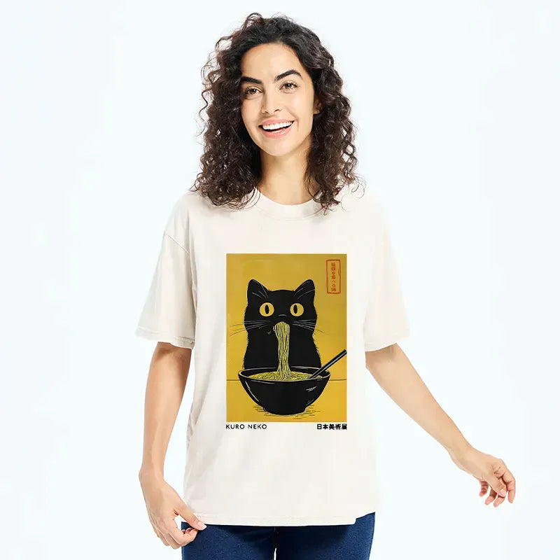 Washed Vintage Cat T-Shirt for Daily Wear