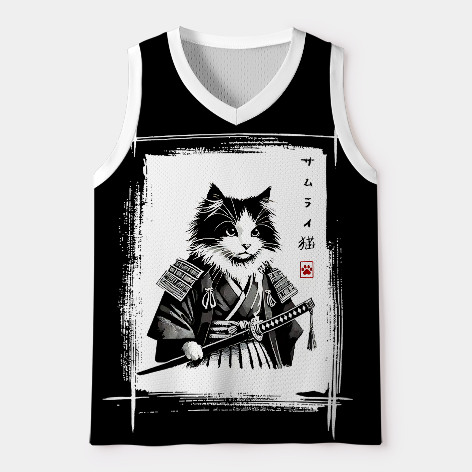 Kyoto-Lion Sumi-e Bamboo Samurai Cat Mesh Tank Top
