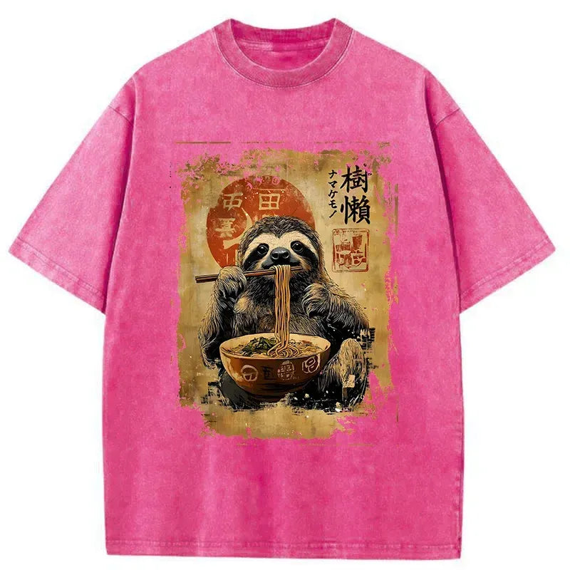 Kyoto-Lion Sloth Eating Ramen Washed T-Shirt