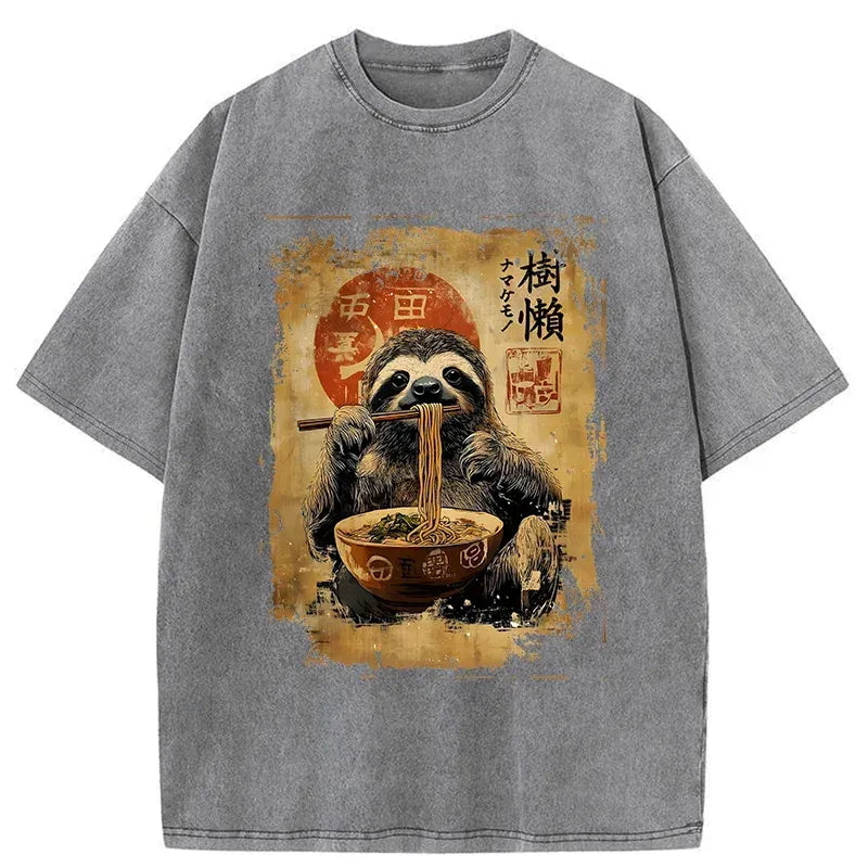 Kyoto-Lion Sloth Eating Ramen Washed T-Shirt