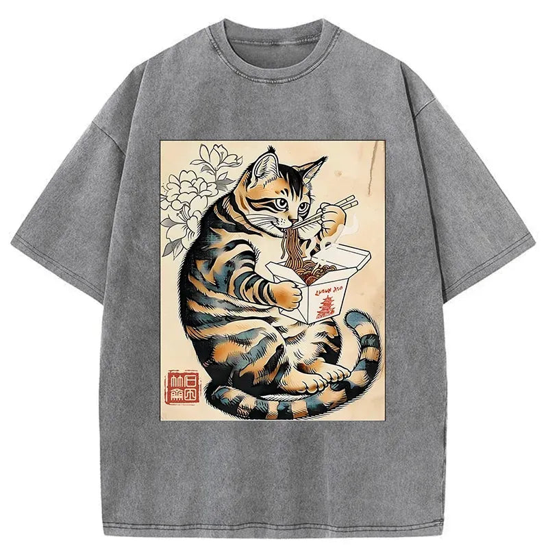 Kyoto-Lion Cat Eating Takeout Washed T-Shirt