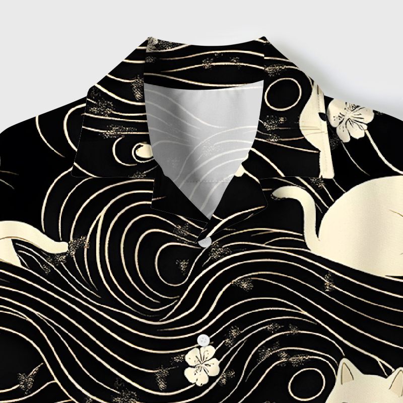 Japanese Mysterious Cat Cuban Shirt for Summer