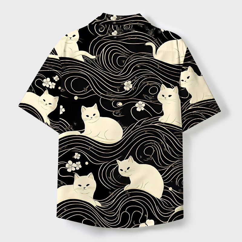 Retro Japanese Cat Button-Up Shirt for Vacation Gift