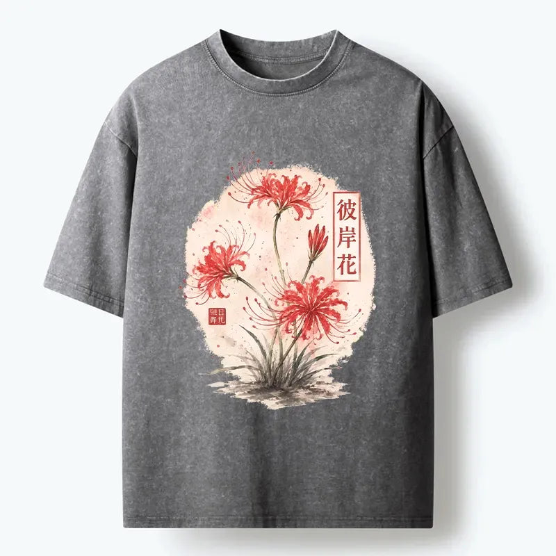 Kyoto-Lion Red Spider Lily Watercolor Painting Washed T-Shirt