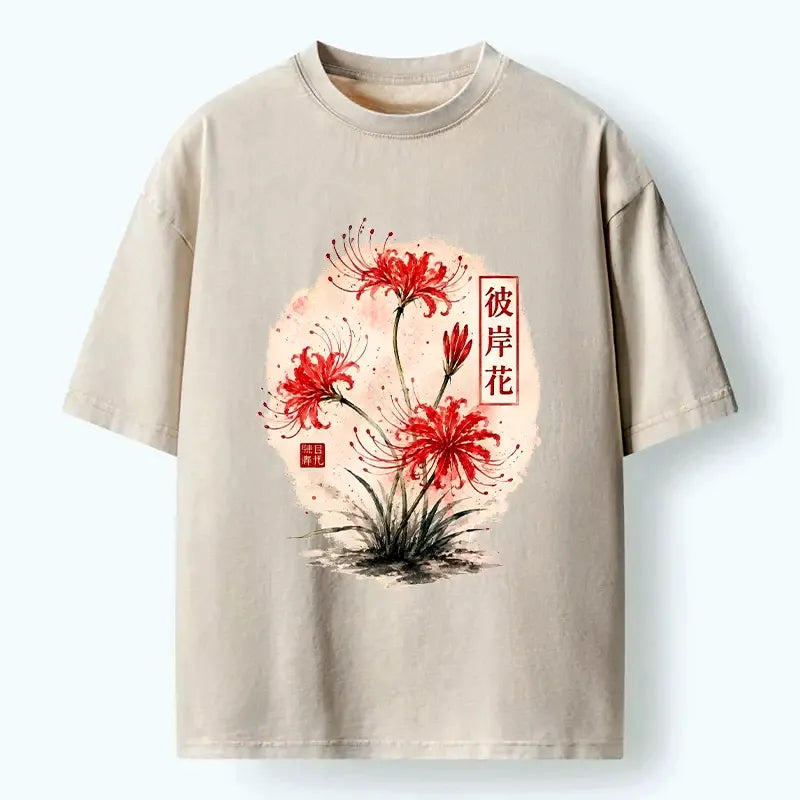 Kyoto-Lion Red Spider Lily Watercolor Painting Washed T-Shirt