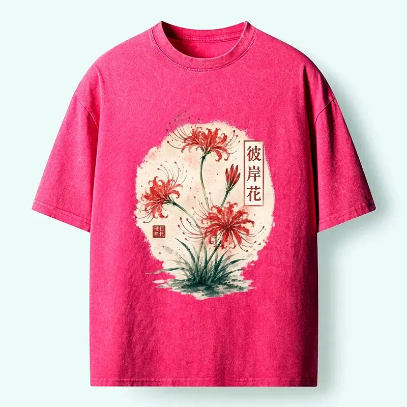 Kyoto-Lion Red Spider Lily Watercolor Painting Washed T-Shirt