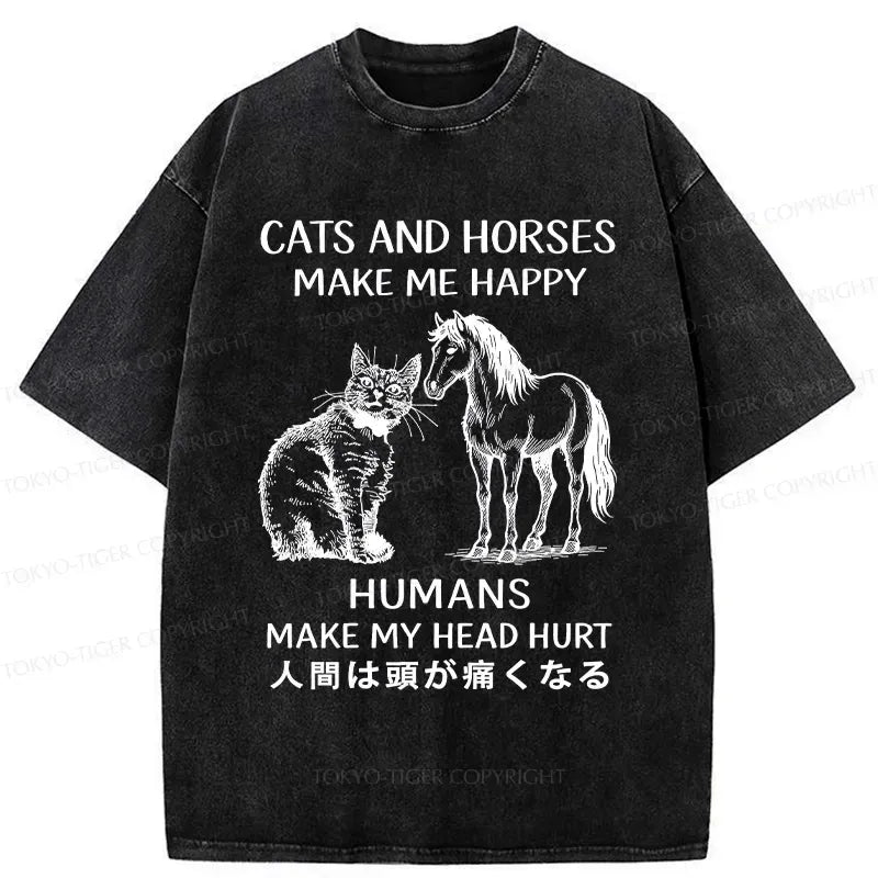 Funny Cat Horse Washed T-Shirt for Summer