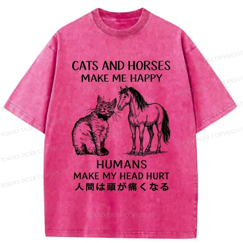 Kyoto-Lion Funny Cats And Horses Make Me Happy Washed T-Shirt