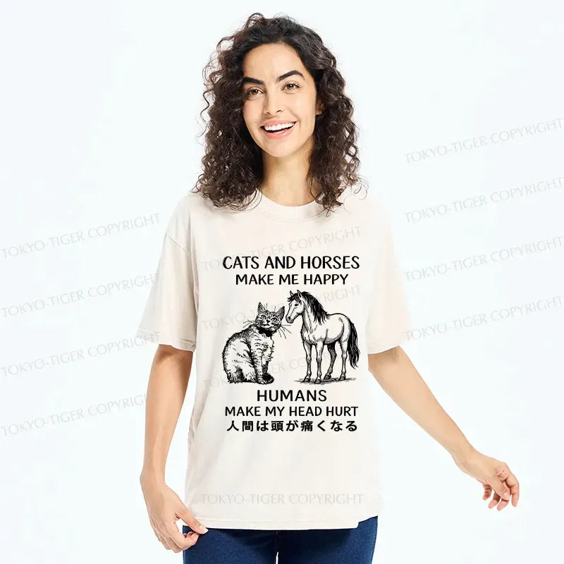 Kyoto-Lion Funny Cats And Horses Make Me Happy Washed T-Shirt