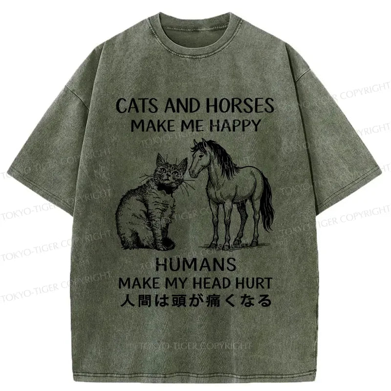 Funny Cat Horse Washed T-Shirt for Summer