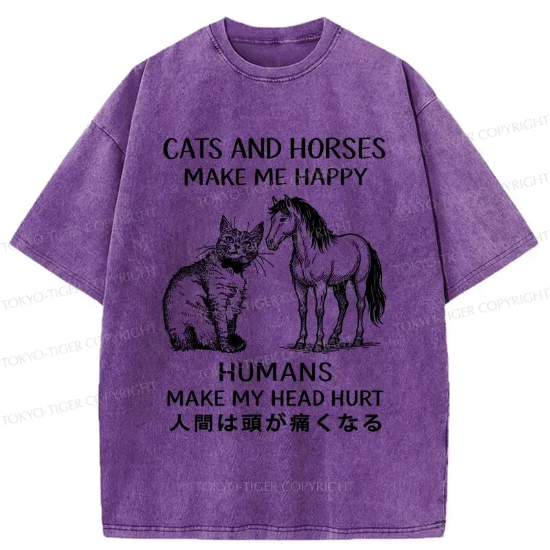Kyoto-Lion Funny Cats And Horses Make Me Happy Washed T-Shirt
