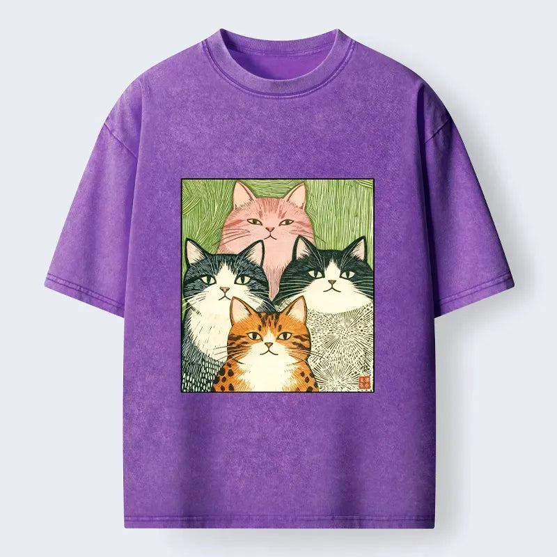 Funny Cat Washed T-Shirt for Daily Wear