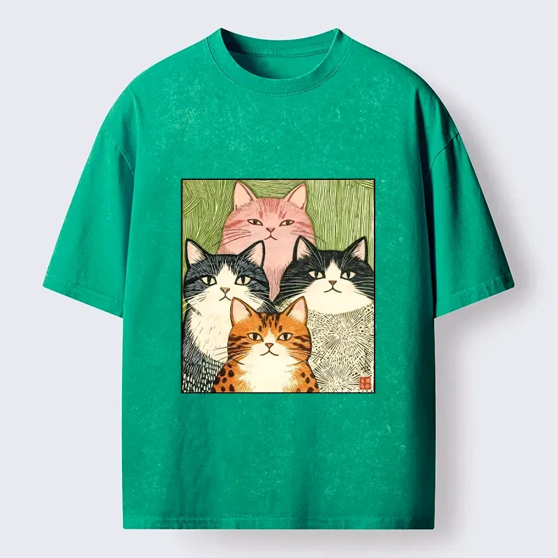 Funny Cat Washed T-Shirt for Daily Wear