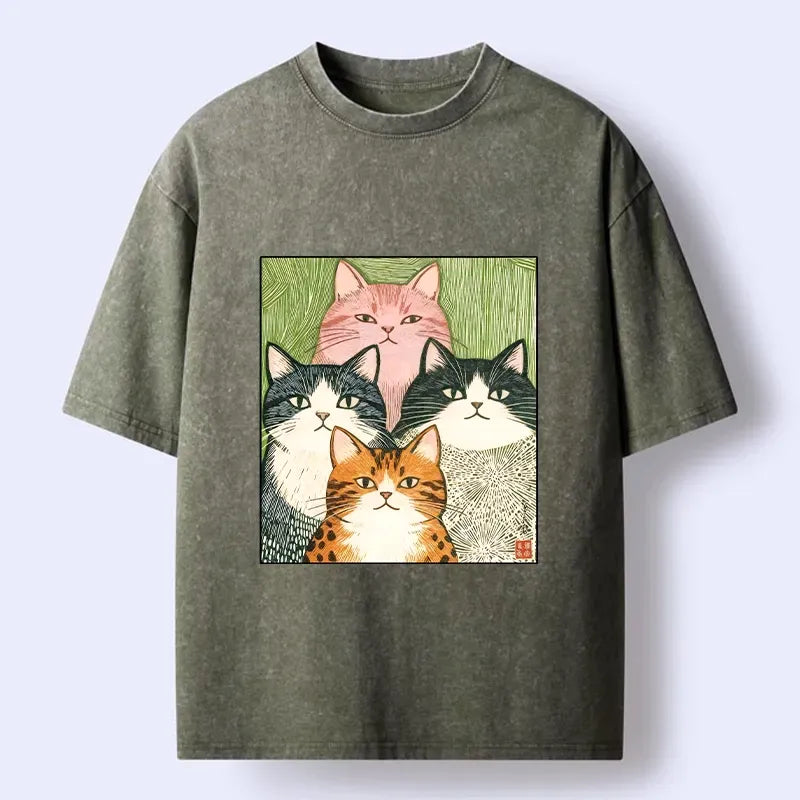 Funny Cat Washed T-Shirt for Daily Wear