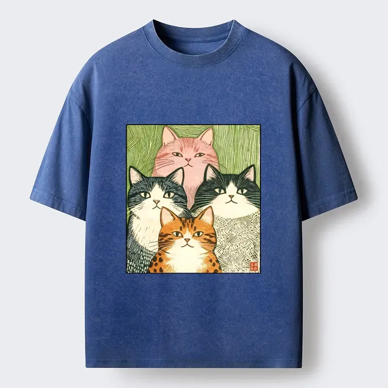 Kyoto-Lion Funny Cat Squad Washed T-Shirt