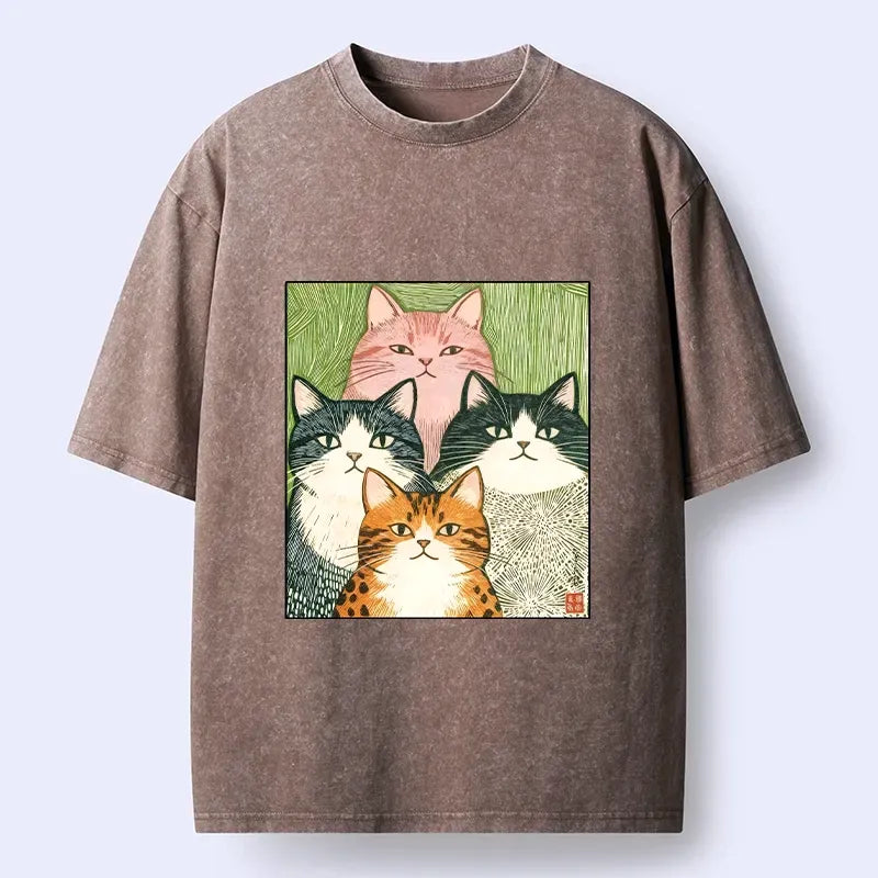 Funny Cat Washed T-Shirt for Daily Wear