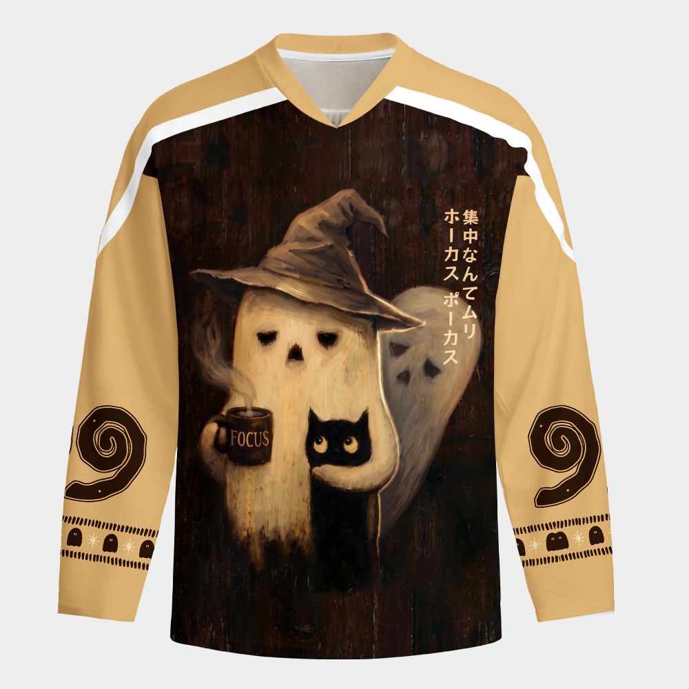 Kyoto-Lion Funny Ghost: Hocus Pocus I Cannot Focus Long-Sleeve Hockey Jersey