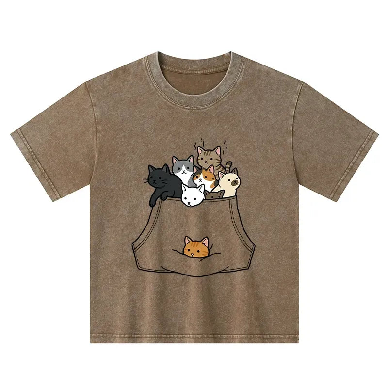 Kyoto-Lion Cats With Pockets Full Kids Washed T-Shirt