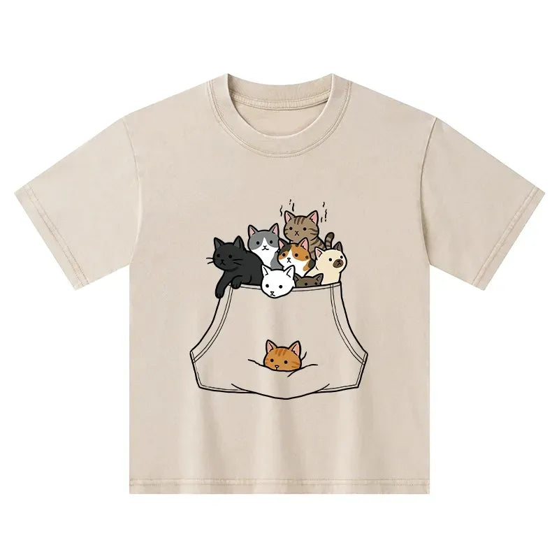Kids Washed T-Shirt with Japanese Cats