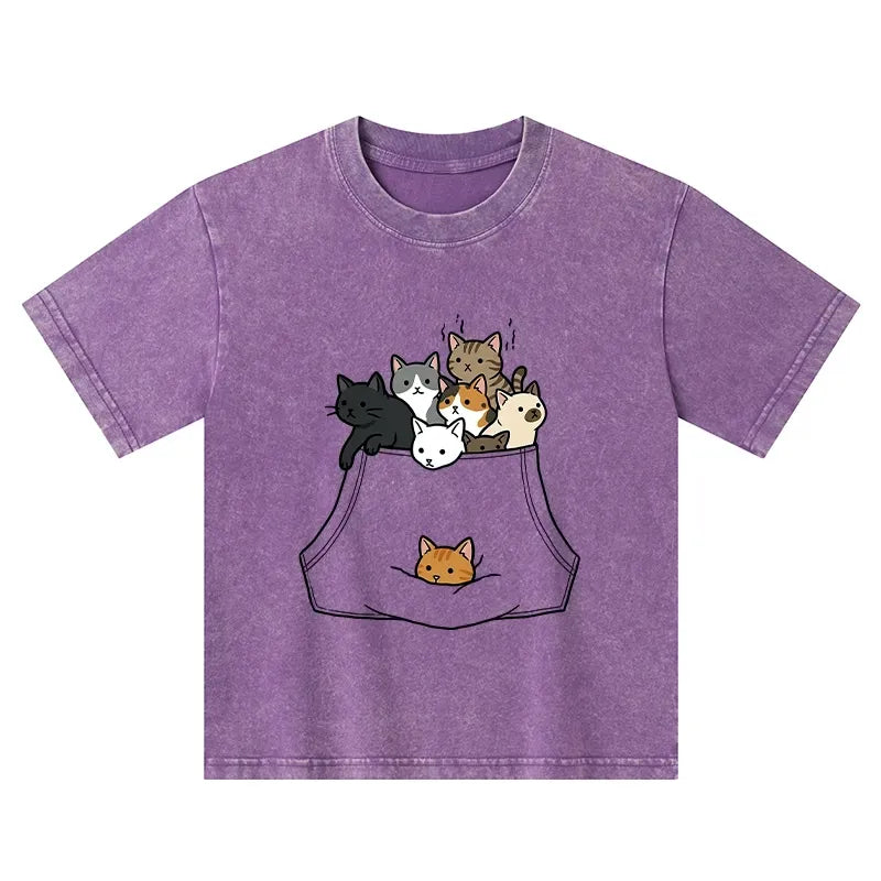 Kyoto-Lion Cats With Pockets Full Kids Washed T-Shirt