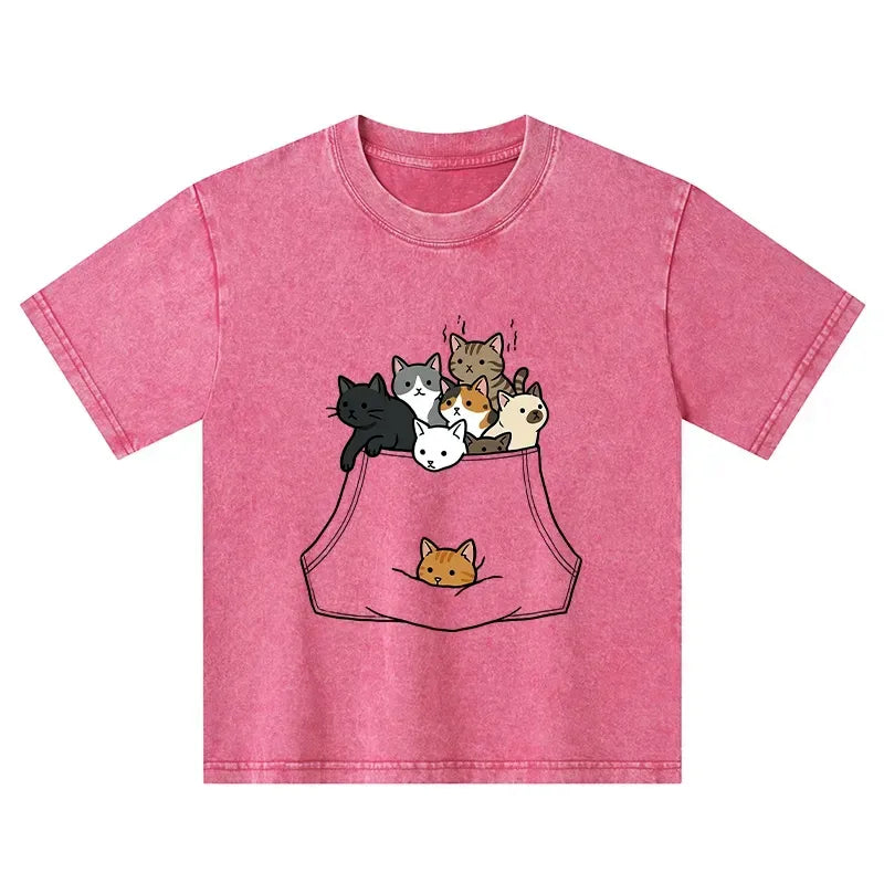 Kyoto-Lion Cats With Pockets Full Kids Washed T-Shirt