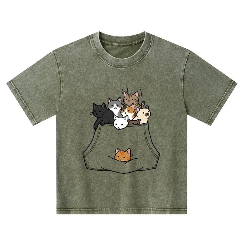 Kyoto-Lion Cats With Pockets Full Kids Washed T-Shirt
