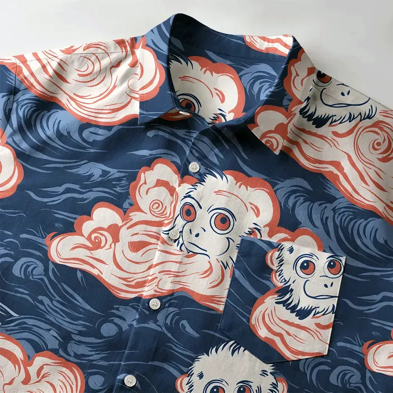 Kyoto-Lion Mischievous Monkeys In Clouds Button-up Shirt
