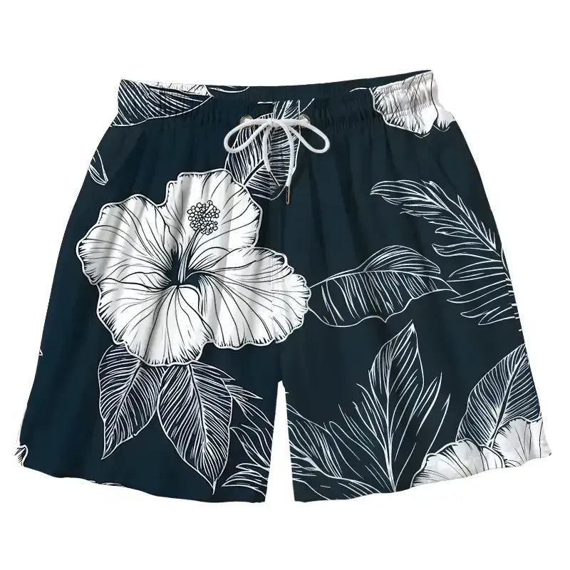 Kyoto-Lion Floral Leaf Silhouette Aloha Mens Swim Trunks