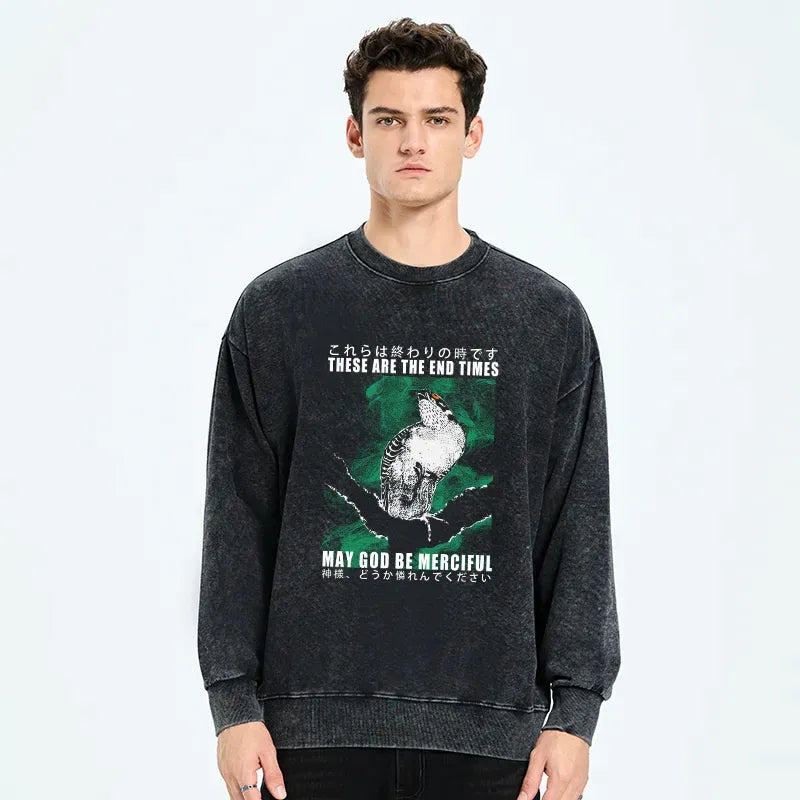 Japanese washed sweatshirt with bird