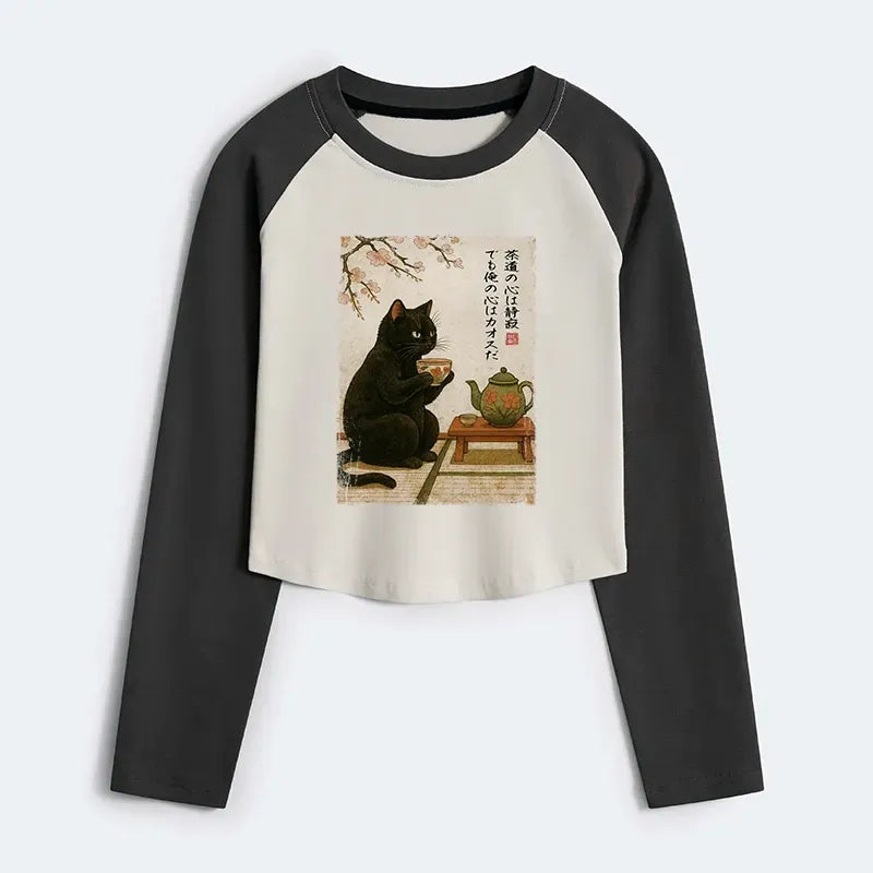 Kyoto-Lion Tea Time With A Black Cat Women's Crop Raglan T-Shirt