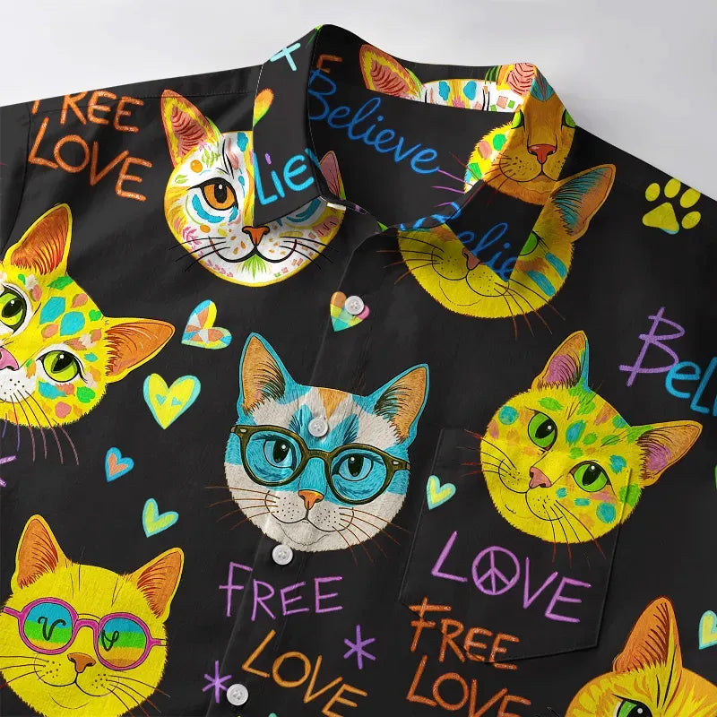 Kyoto-Lion Free Love Rainbow Cat Believer Button-up Shirt