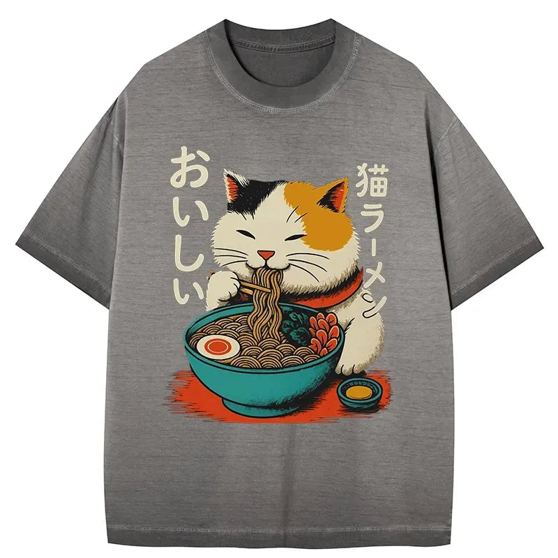 Kyoto-Lion Cute Eat Eating Japanese Ramen Gradient Washed T-Shirt