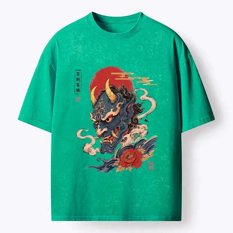 Kyoto-Lion Blue Oni Mask Lucky Peony Art Washed T-Shirt