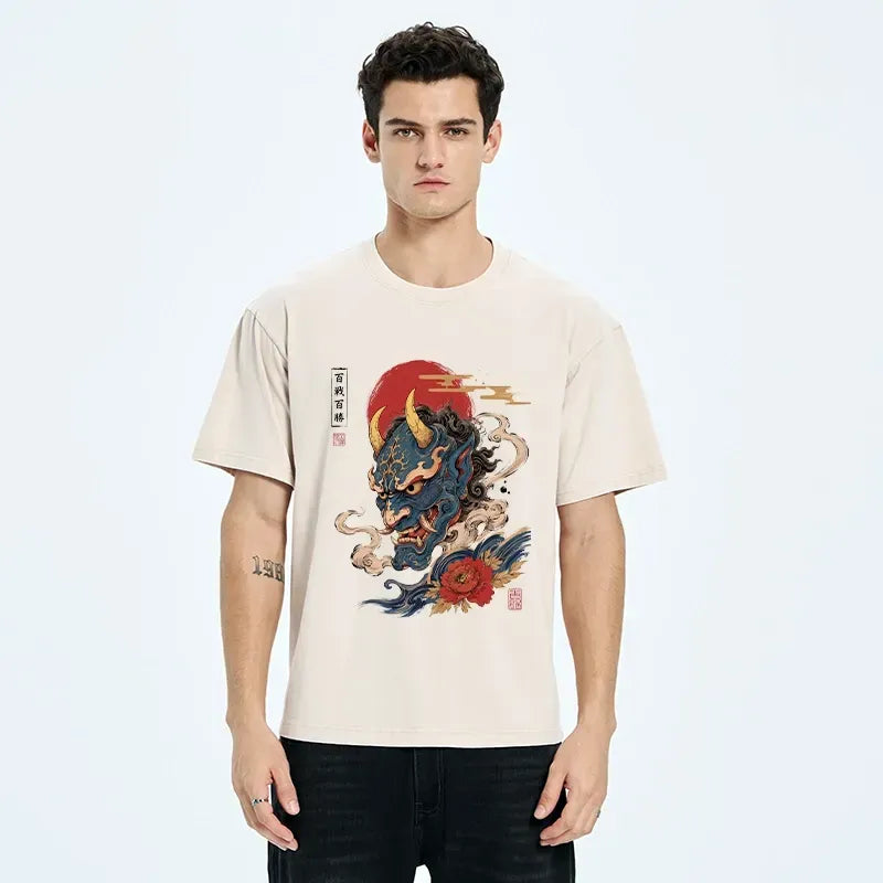 Kyoto-Lion Blue Oni Mask Lucky Peony Art Washed T-Shirt