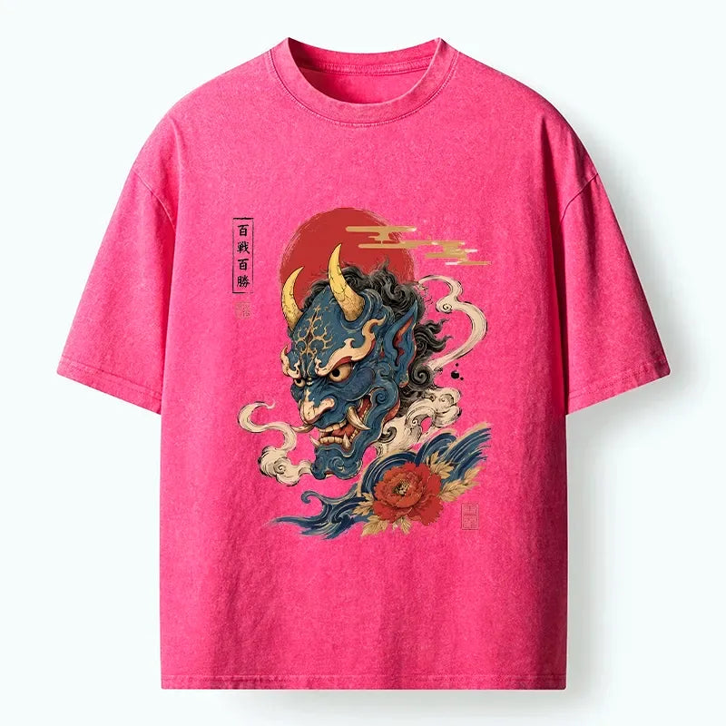 Kyoto-Lion Blue Oni Mask Lucky Peony Art Washed T-Shirt