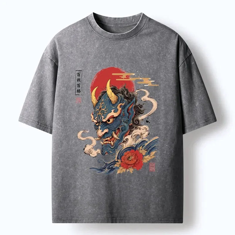 Kyoto-Lion Blue Oni Mask Lucky Peony Art Washed T-Shirt