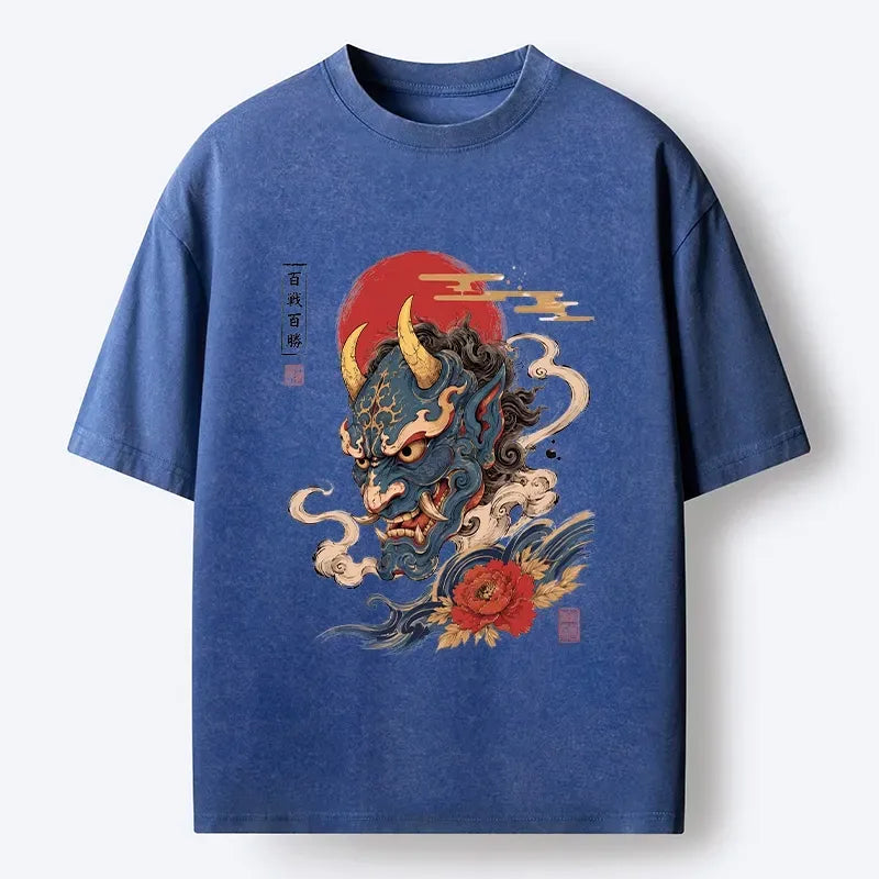 Kyoto-Lion Blue Oni Mask Lucky Peony Art Washed T-Shirt
