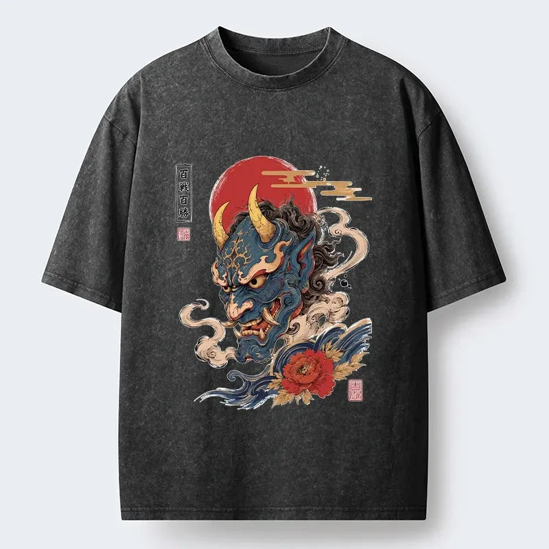 Kyoto-Lion Blue Oni Mask Lucky Peony Art Washed T-Shirt